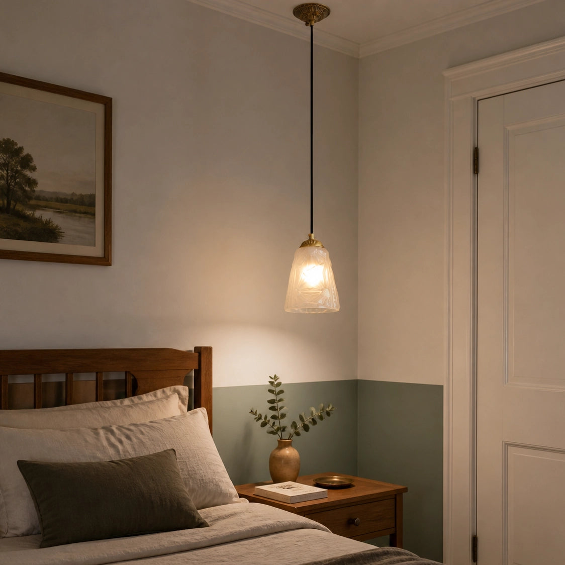 Antique Brass Pendant Light with Frosted Cut Glass Shade