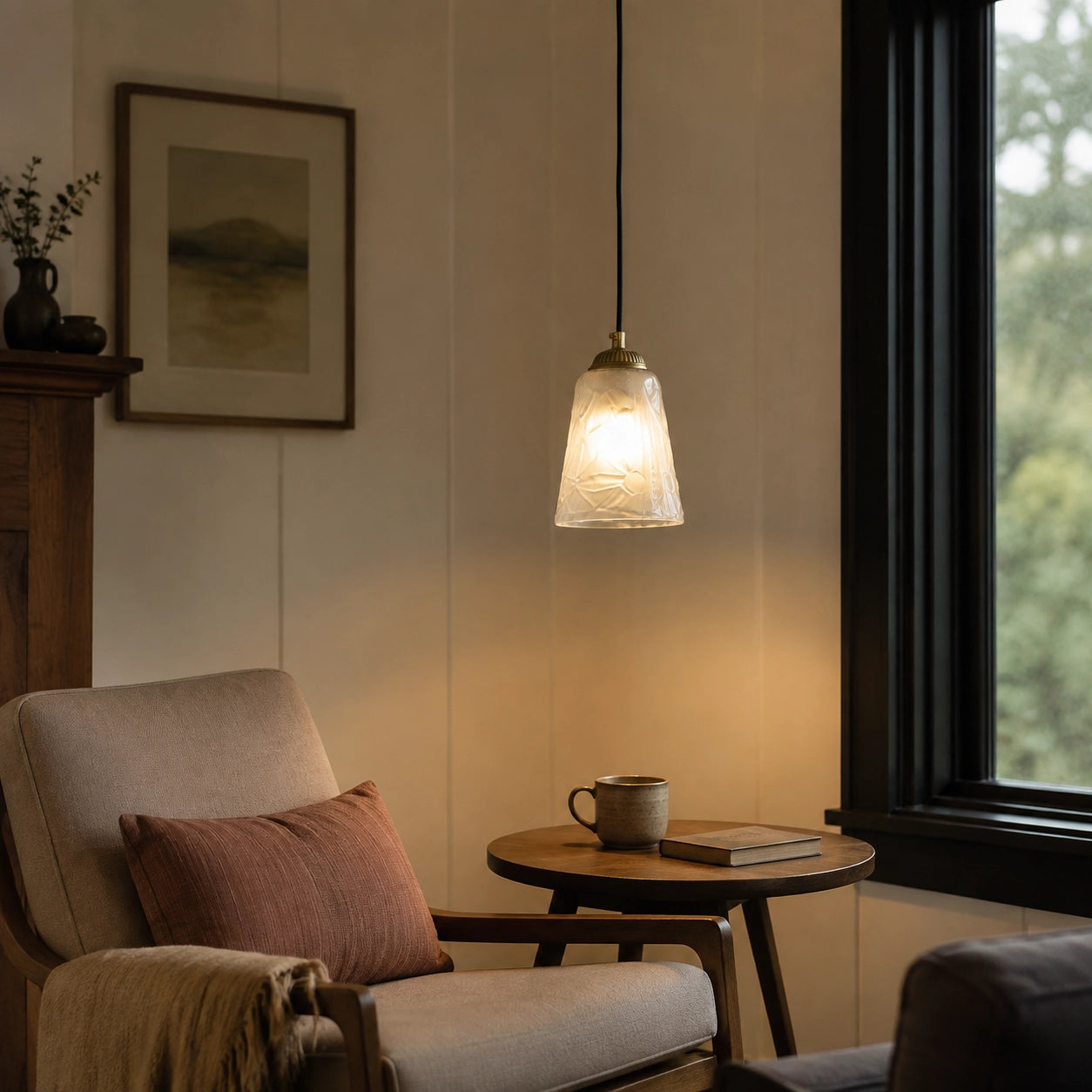 Antique Brass Pendant Light with Frosted Cut Glass Shade