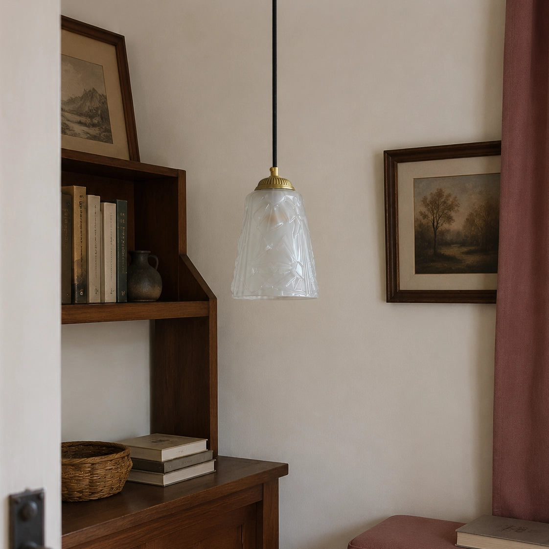 Antique Brass Pendant Light with Frosted Cut Glass Shade