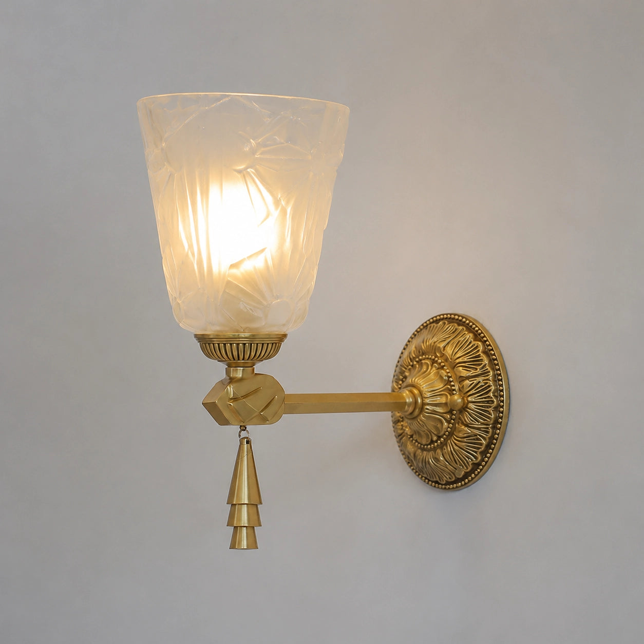 Antique Brass Wall Sconce with Cut Glass Shade and Tassel Drop