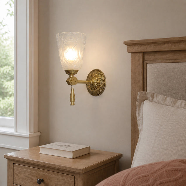 Antique Brass Wall Sconce with Cut Glass Shade and Tassel Drop