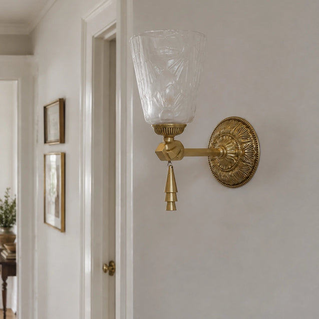 Antique Brass Wall Sconce with Cut Glass Shade and Tassel Drop