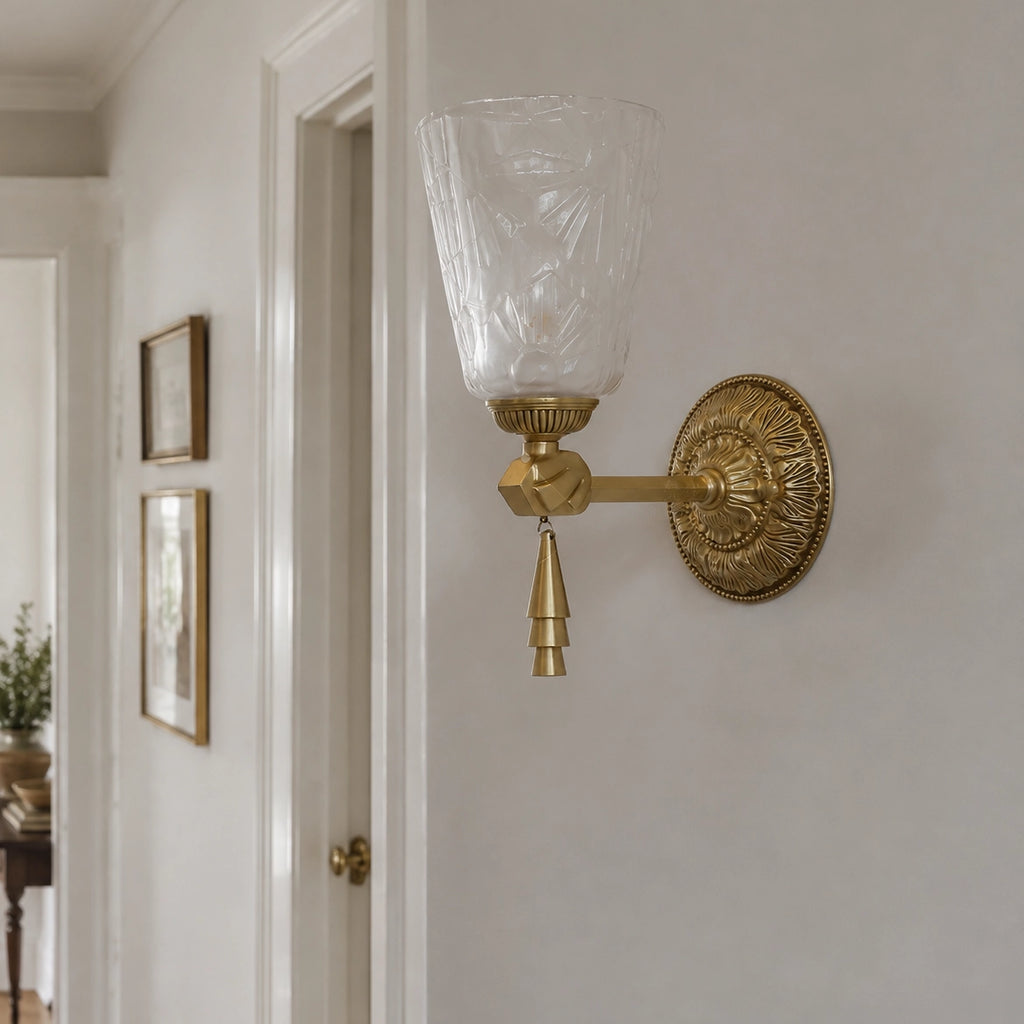 Antique Brass Wall Sconce with Cut Glass Shade and Tassel Drop