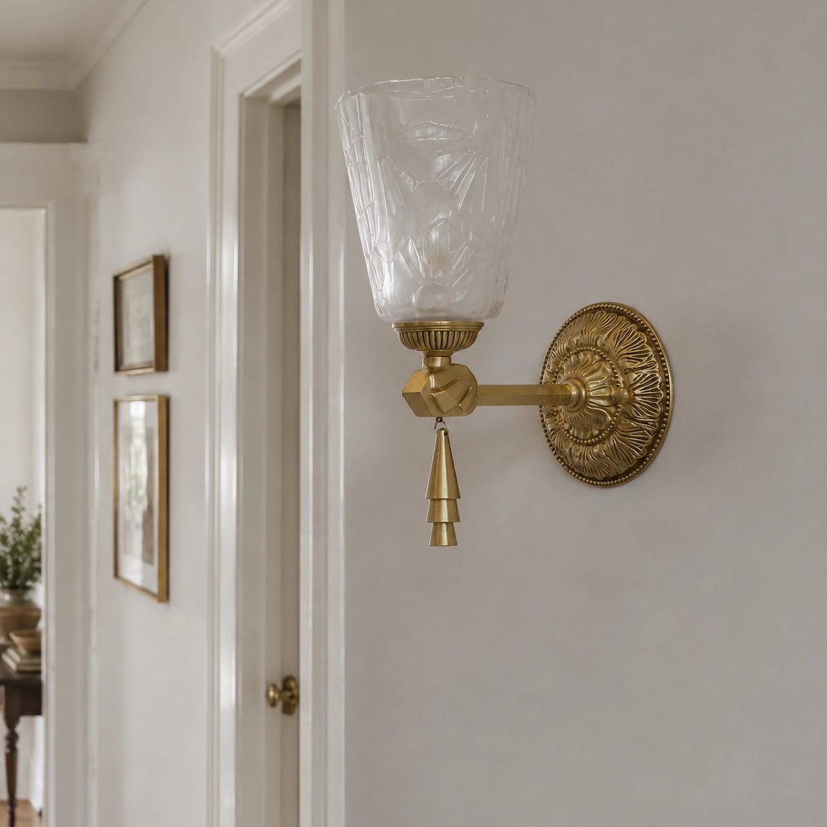 Antique Brass Wall Sconce with Cut Glass Shade and Tassel Drop