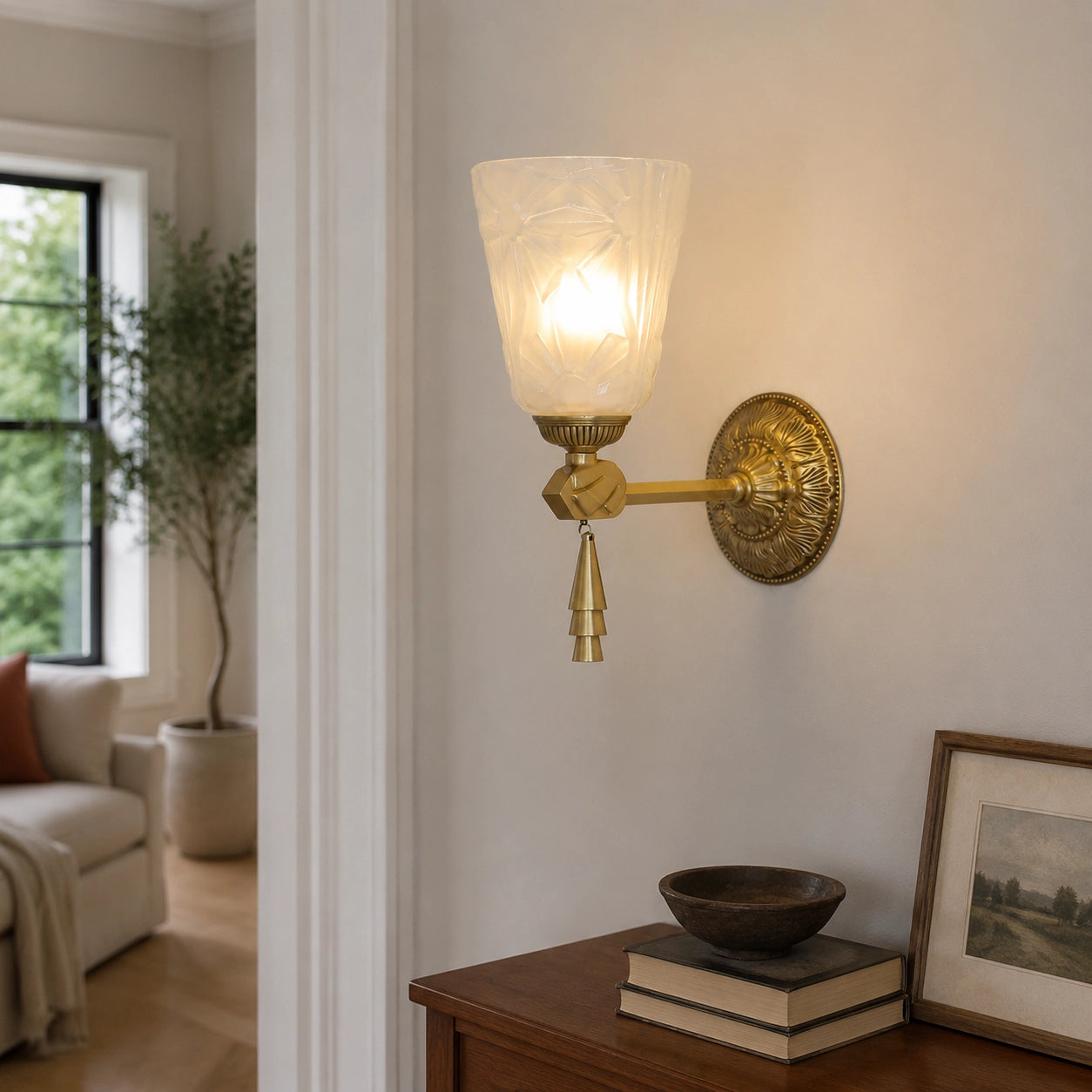 Antique Brass Wall Sconce with Cut Glass Shade and Tassel Drop