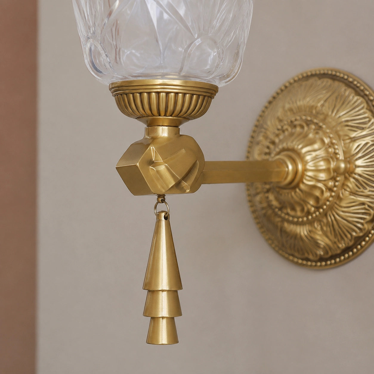 Antique Brass Wall Sconce with Cut Glass Shade and Tassel Drop