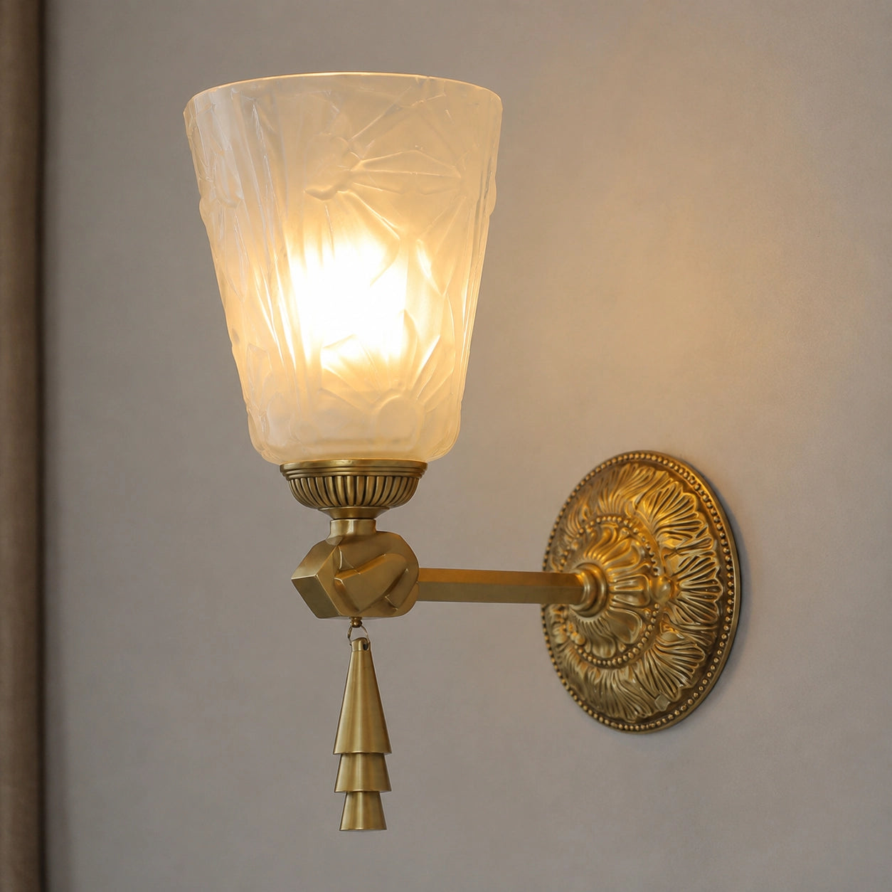 Antique Brass Wall Sconce with Cut Glass Shade and Tassel Drop
