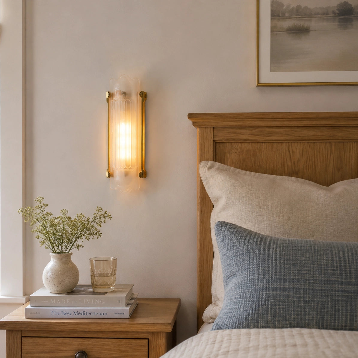 Simple Brass Wall Sconce with Ribbed Glass Shade