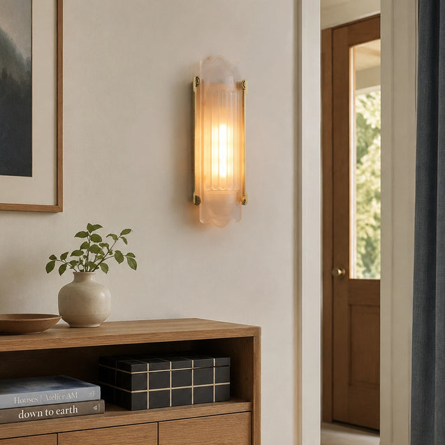 Simple Brass Wall Sconce with Ribbed Glass Shade